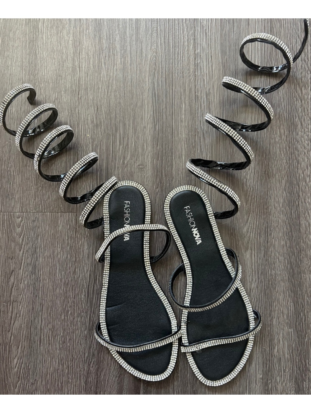 Fashion Nova Black Strappy Spiral Rhinestone Sandals